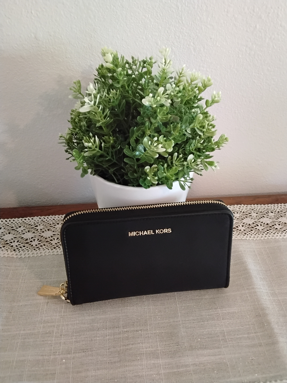 Michael Kors Black Leather Zip Wallet with Gold Logo